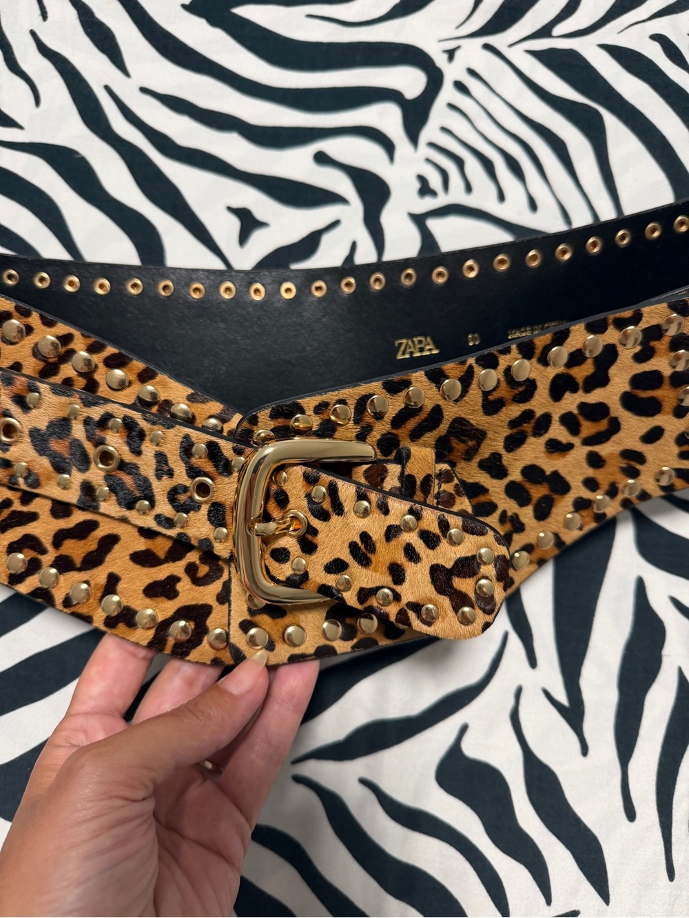 Zara Leopard-Print Studded Belt with Gold Buckle